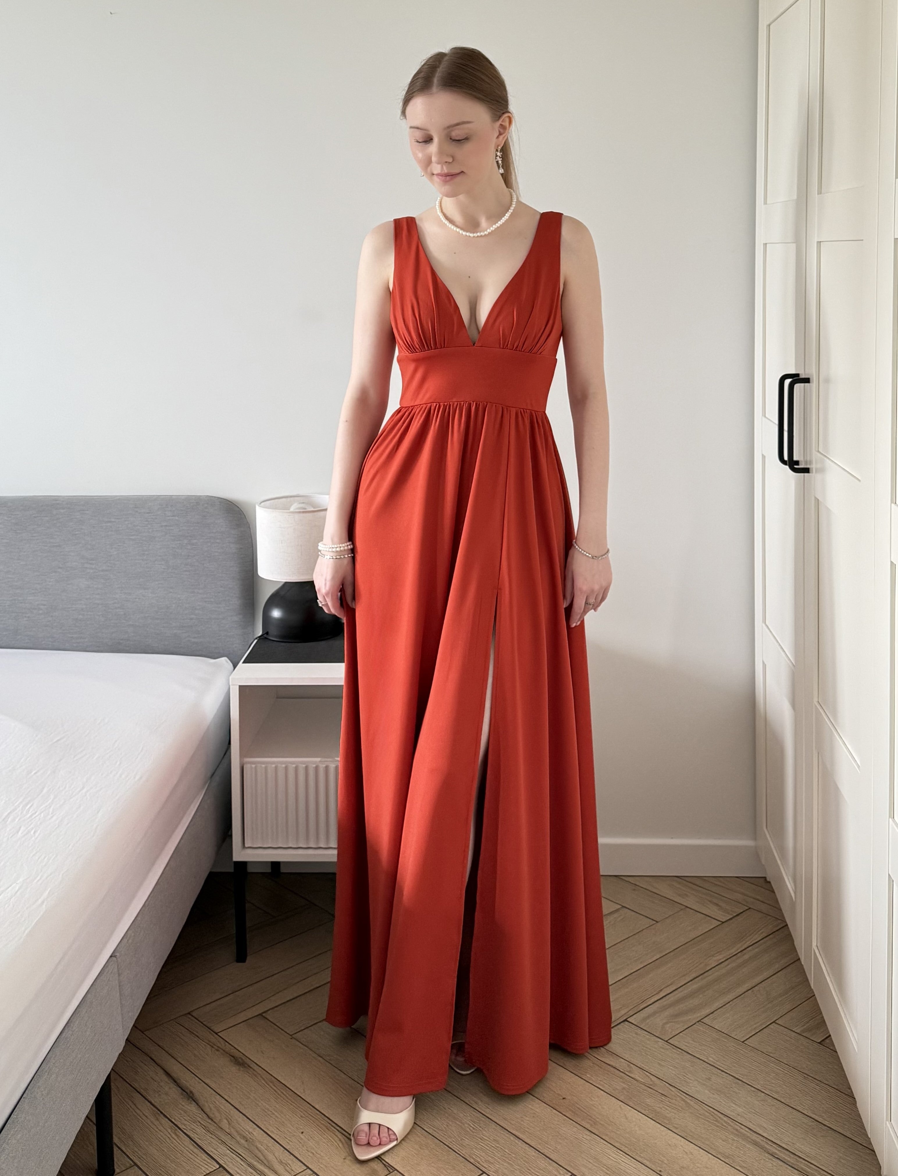 Chiffon High Slit Sleeveless V-Neck Empire Waist Evening Dress #color_Burnt Orange