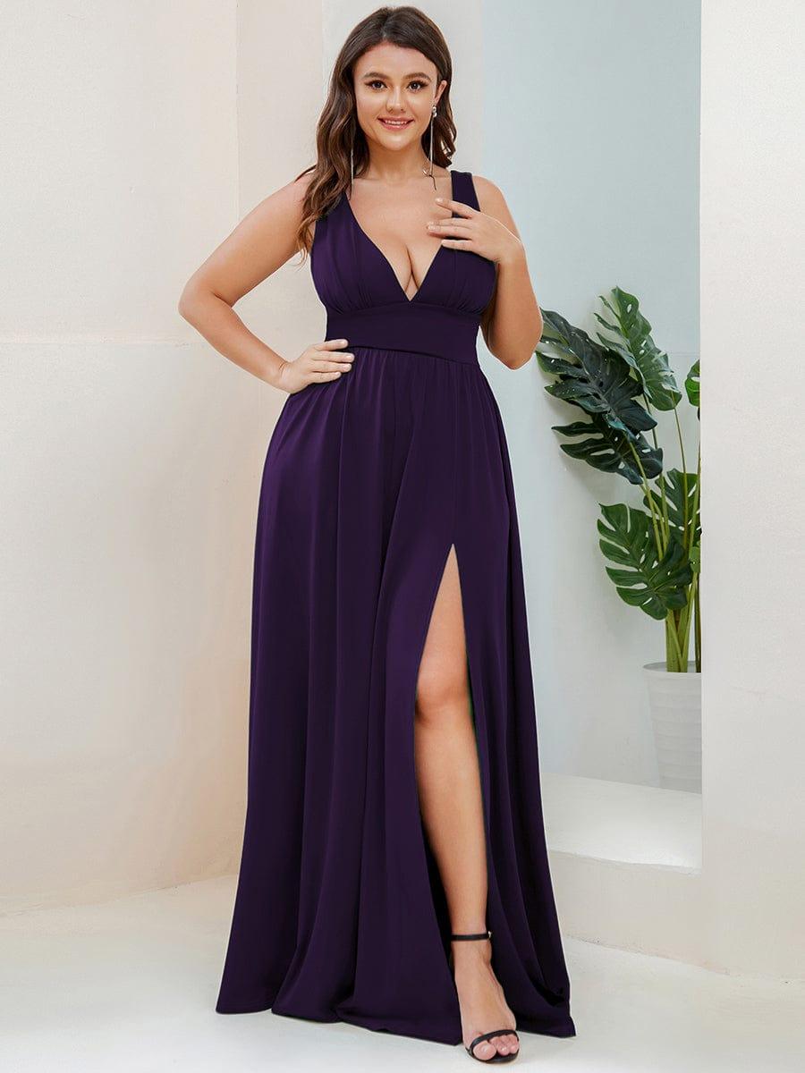 Sleeveless V-Neck Empire Waist High Slit Floor-Length Evening Dress #color_Dark Purple