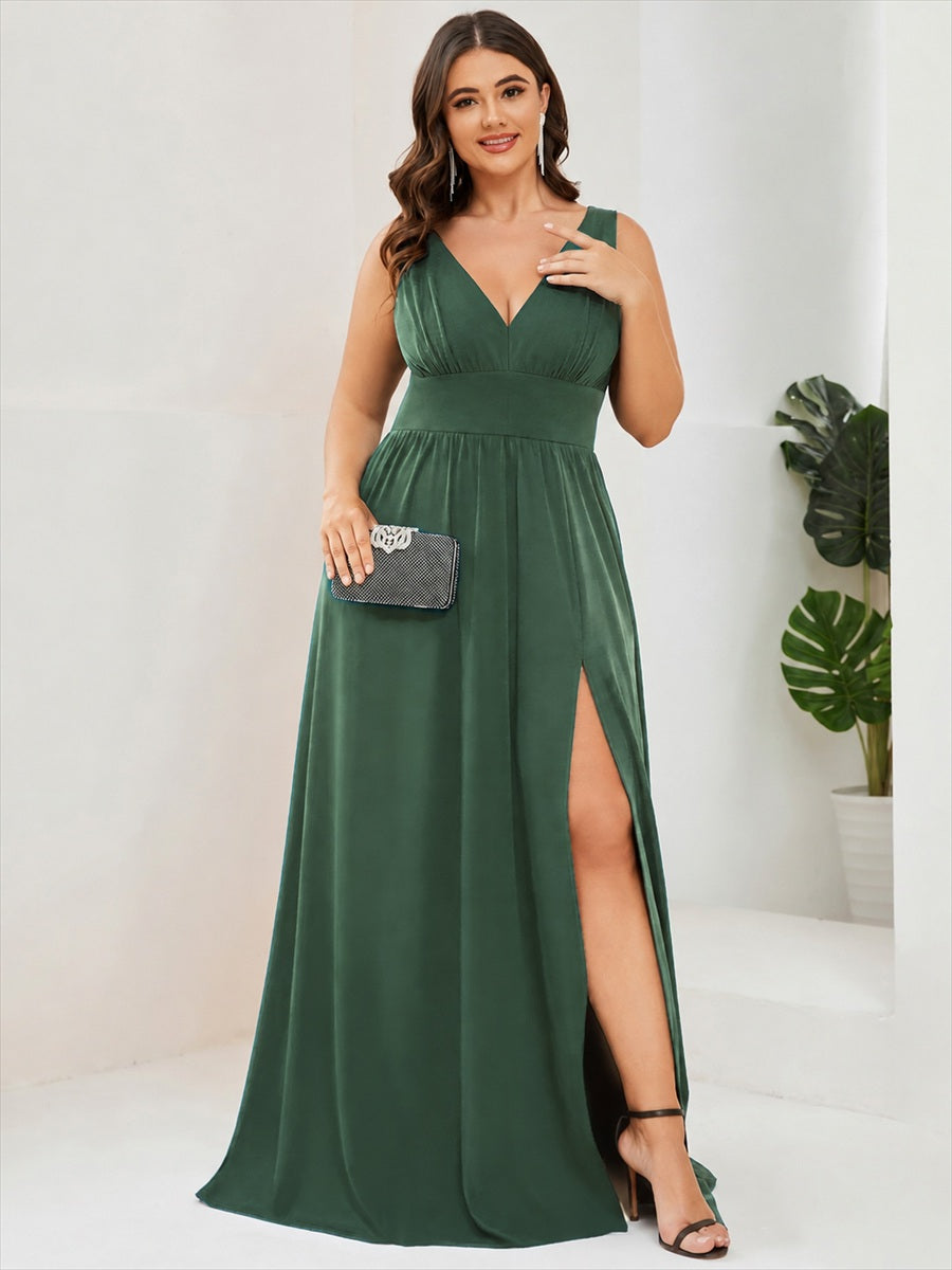Chiffon High Slit Sleeveless V-Neck Empire Waist Evening Dress #color_Eucalyptus