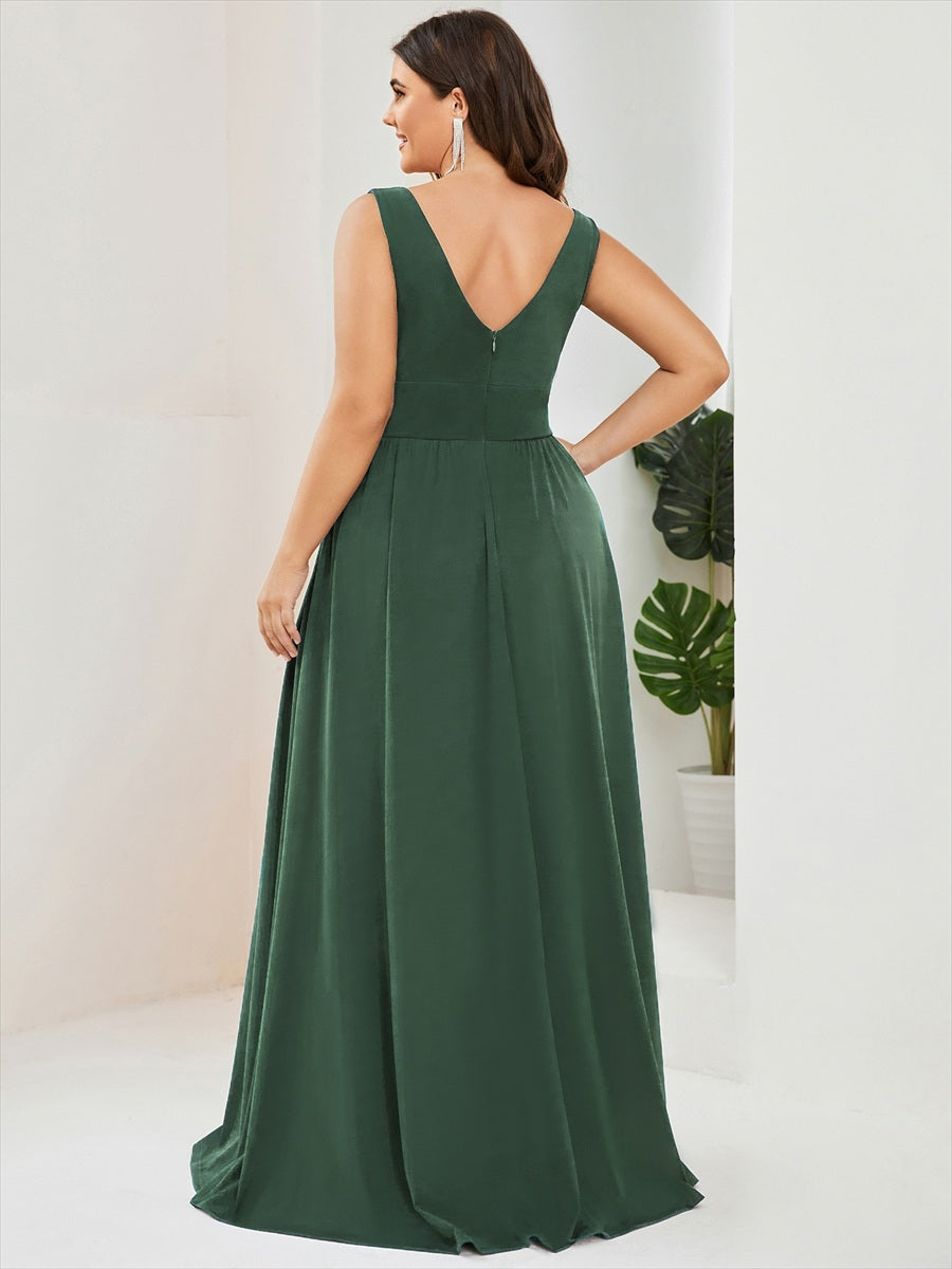 Chiffon High Slit Sleeveless V-Neck Empire Waist Evening Dress #color_Eucalyptus