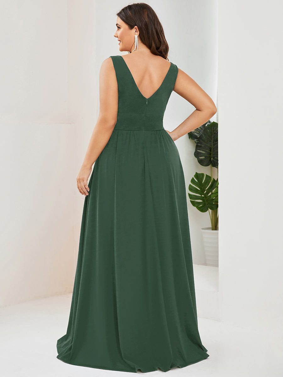 Plus Size Sleeveless V-Neck Empire Waist High Slit Floor-Length Evening Dress #color_Eucalyptus