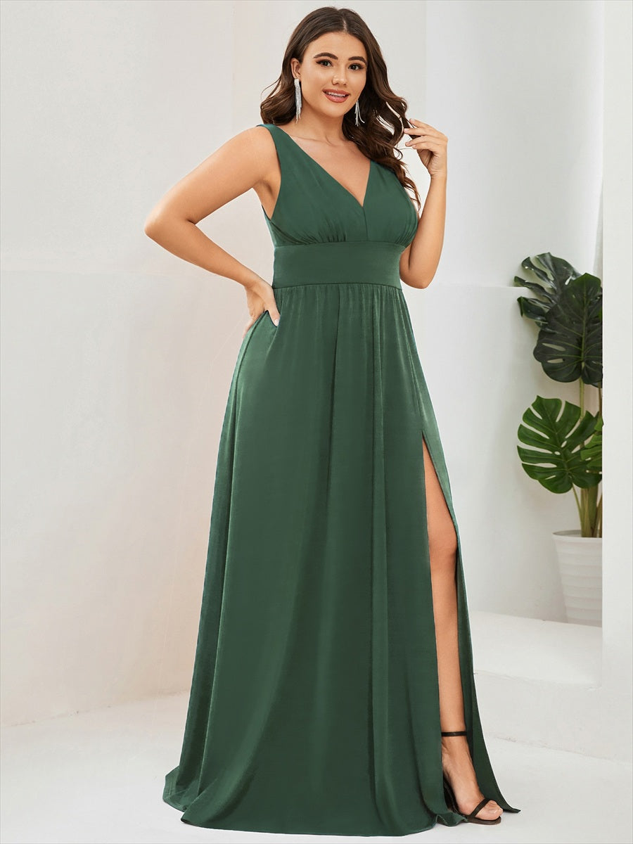 Plus Size Sleeveless V-Neck Empire Waist High Slit Floor-Length Evening Dress #color_Eucalyptus