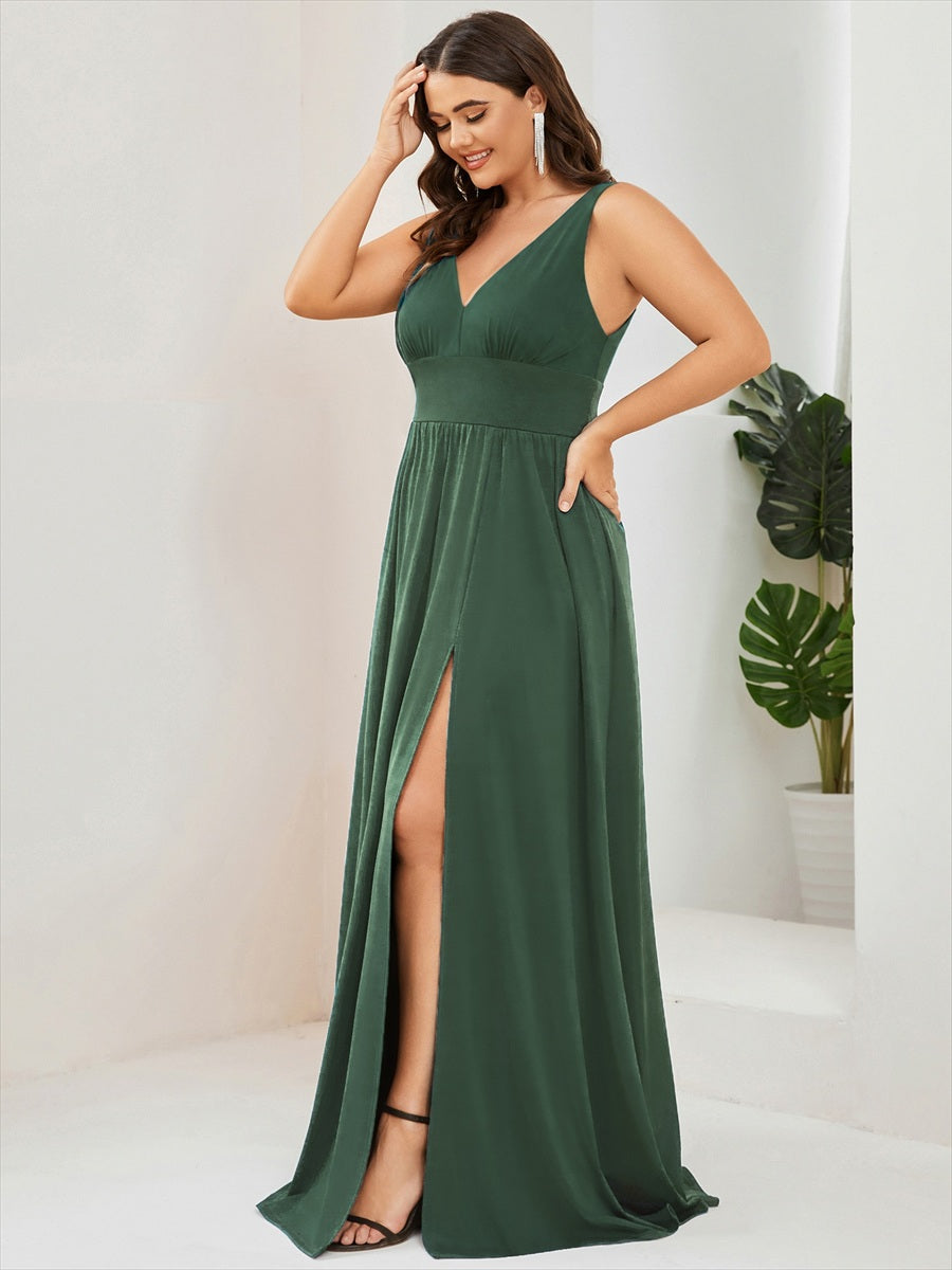 Chiffon High Slit Sleeveless V-Neck Empire Waist Evening Dress #color_Eucalyptus