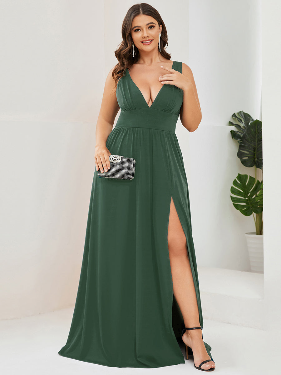 Sleeveless V-Neck Empire Waist High Slit Floor-Length Evening Dress #color_Eucalyptus