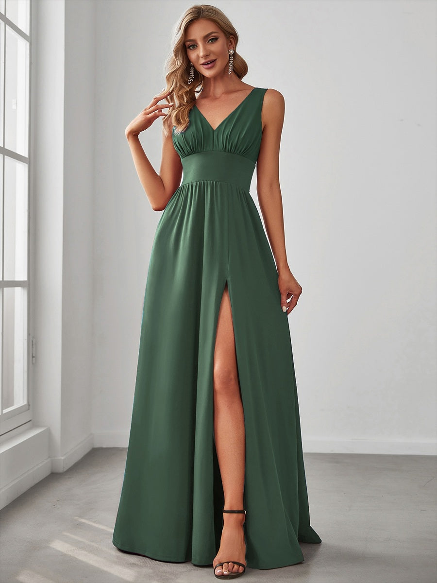Chiffon High Slit Sleeveless V-Neck Empire Waist Evening Dress #color_Eucalyptus