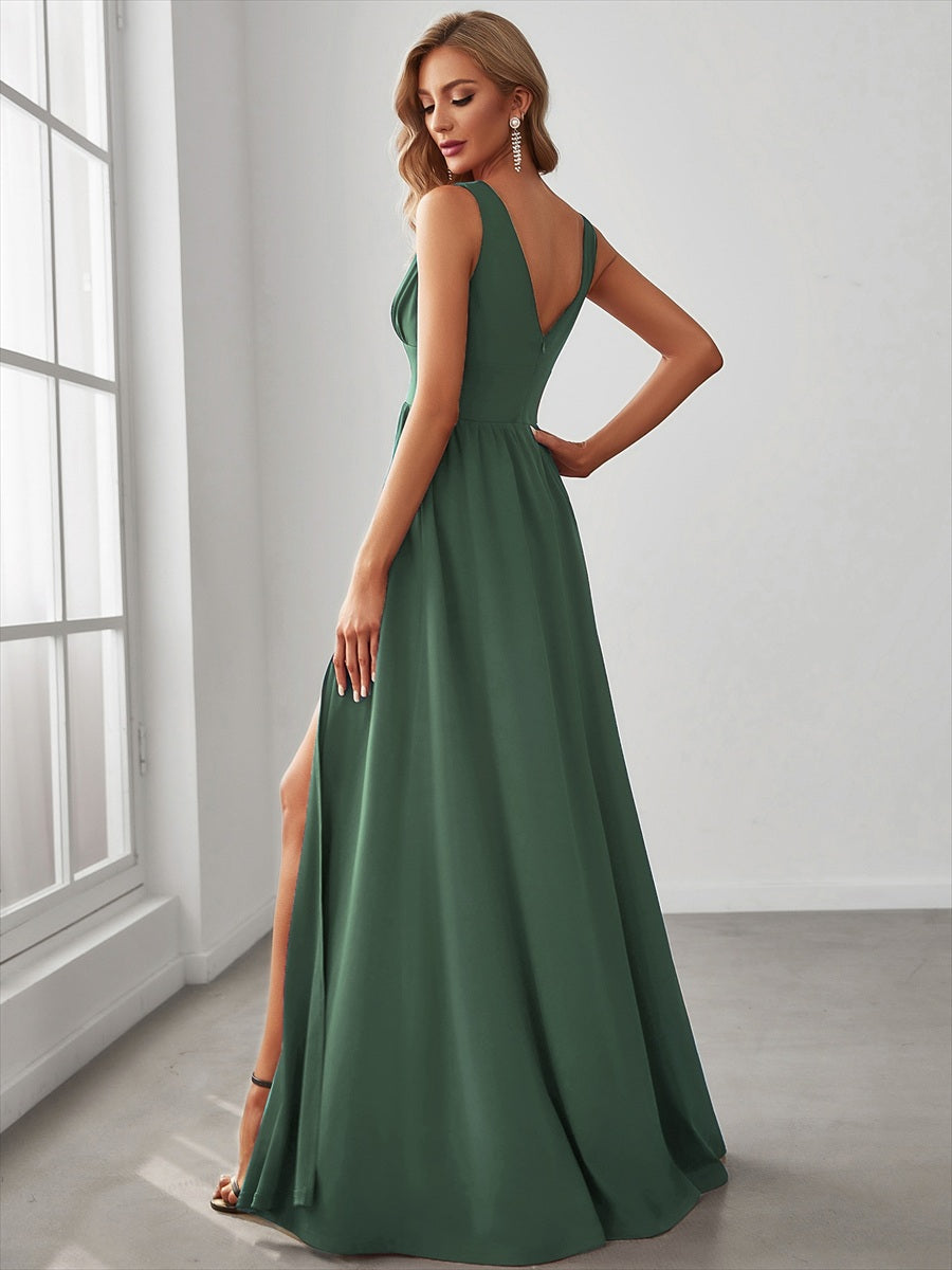 Chiffon High Slit Sleeveless V-Neck Empire Waist Evening Dress #color_Eucalyptus