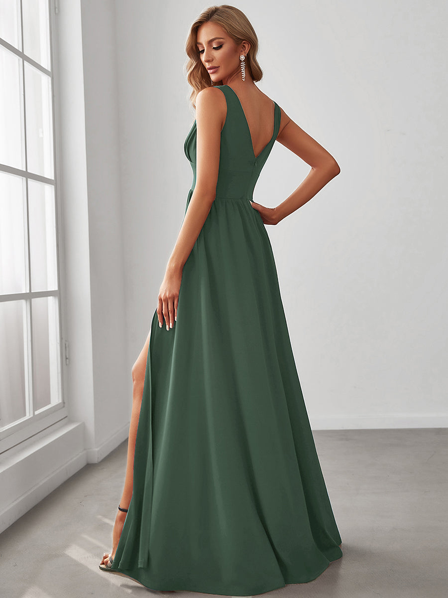 Sleeveless V-Neck Empire Waist High Slit Floor-Length Evening Dress #color_Eucalyptus