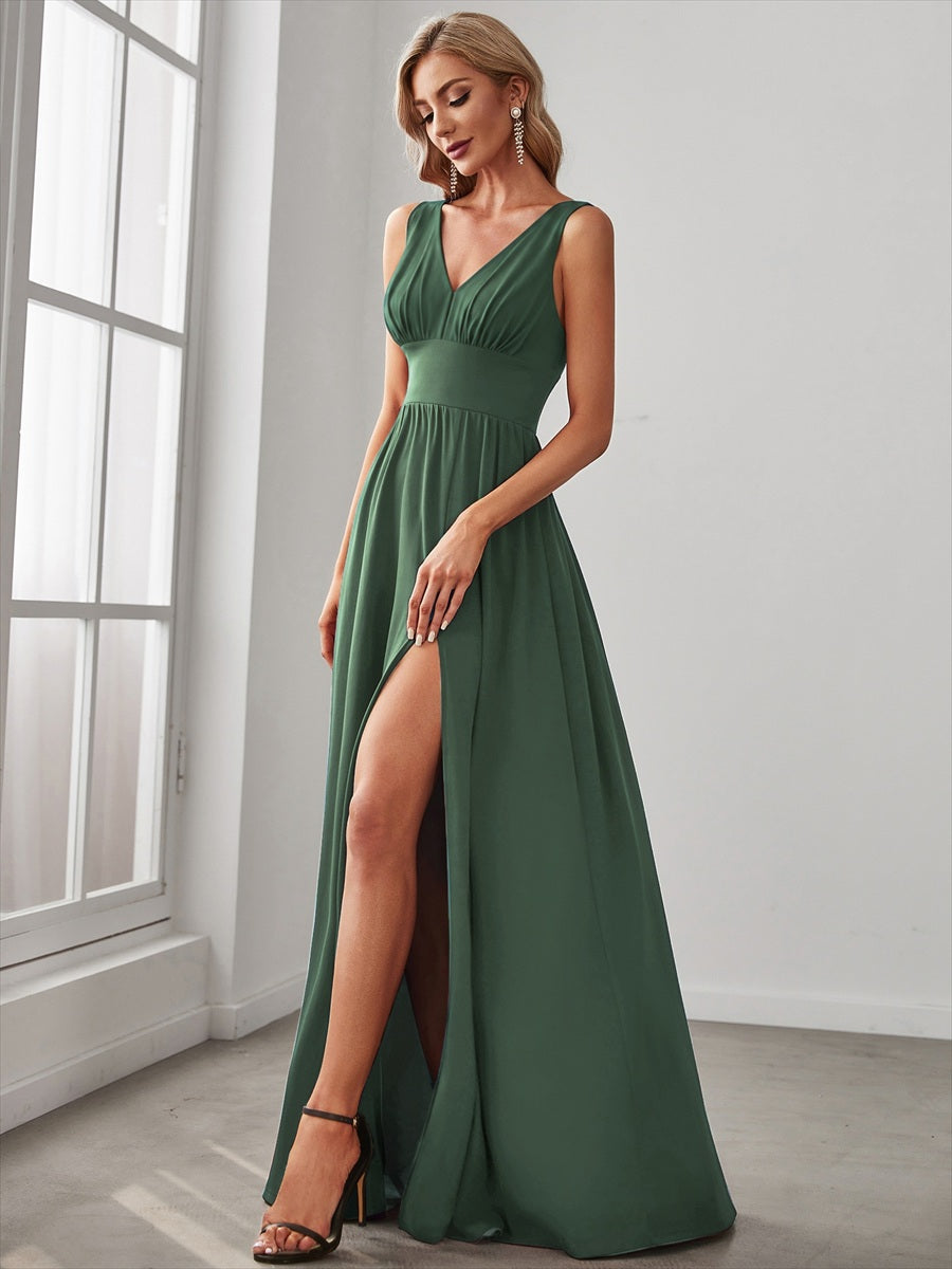Sleeveless V-Neck Empire Waist High Slit Floor-Length Evening Dress #color_Eucalyptus