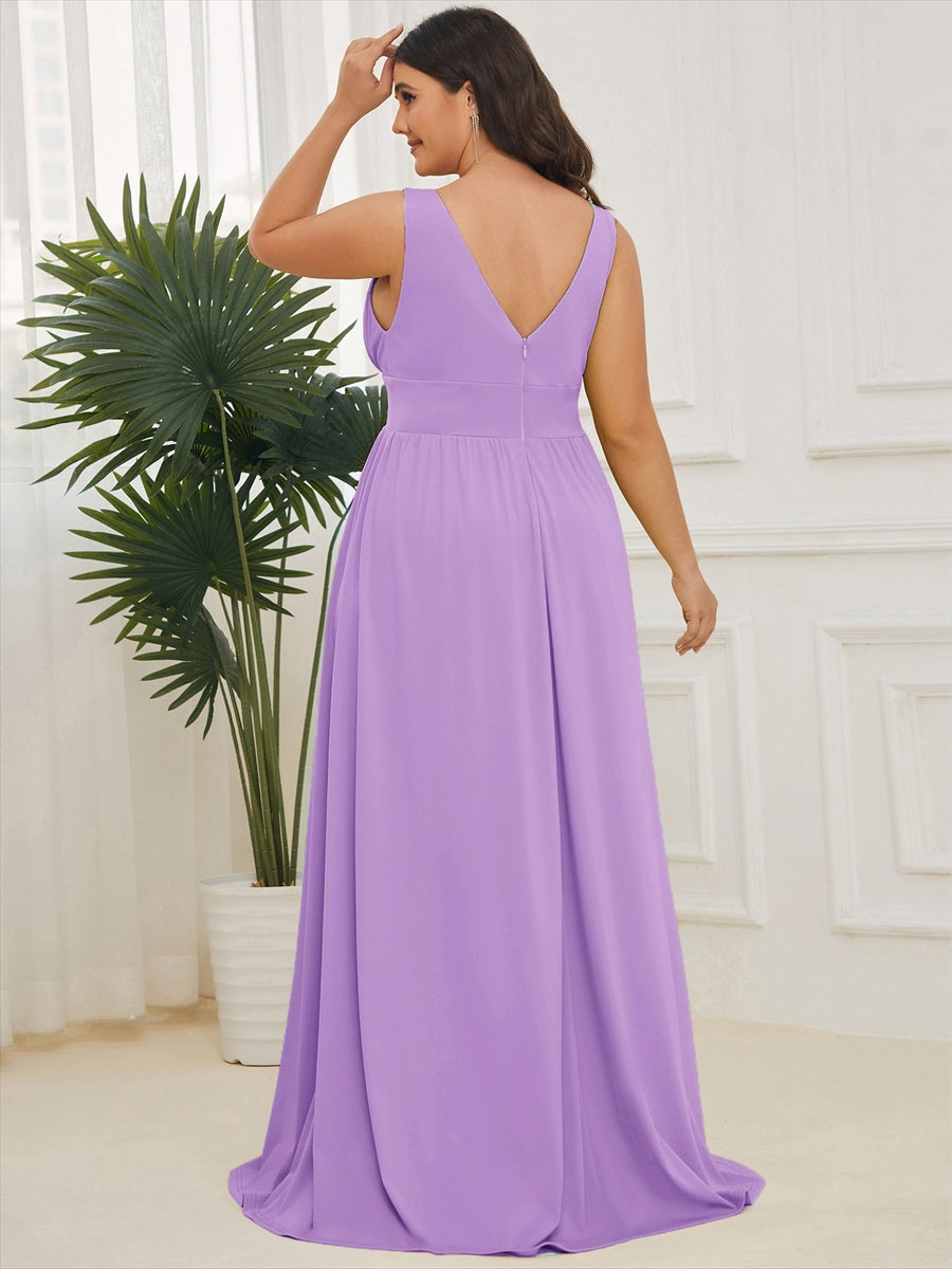 Plus Size Sleeveless V-Neck Empire Waist High Slit Floor-Length Evening Dress #color_Lavender