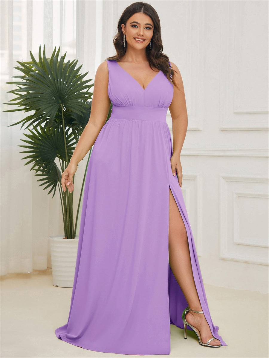 Sleeveless V-Neck Empire Waist High Slit Floor-Length Evening Dress #color_Lavender