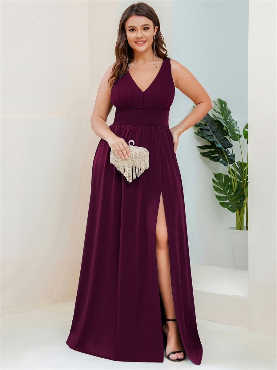 Chiffon High Slit Sleeveless V-Neck Empire Waist Evening Dress #color_Mulberry