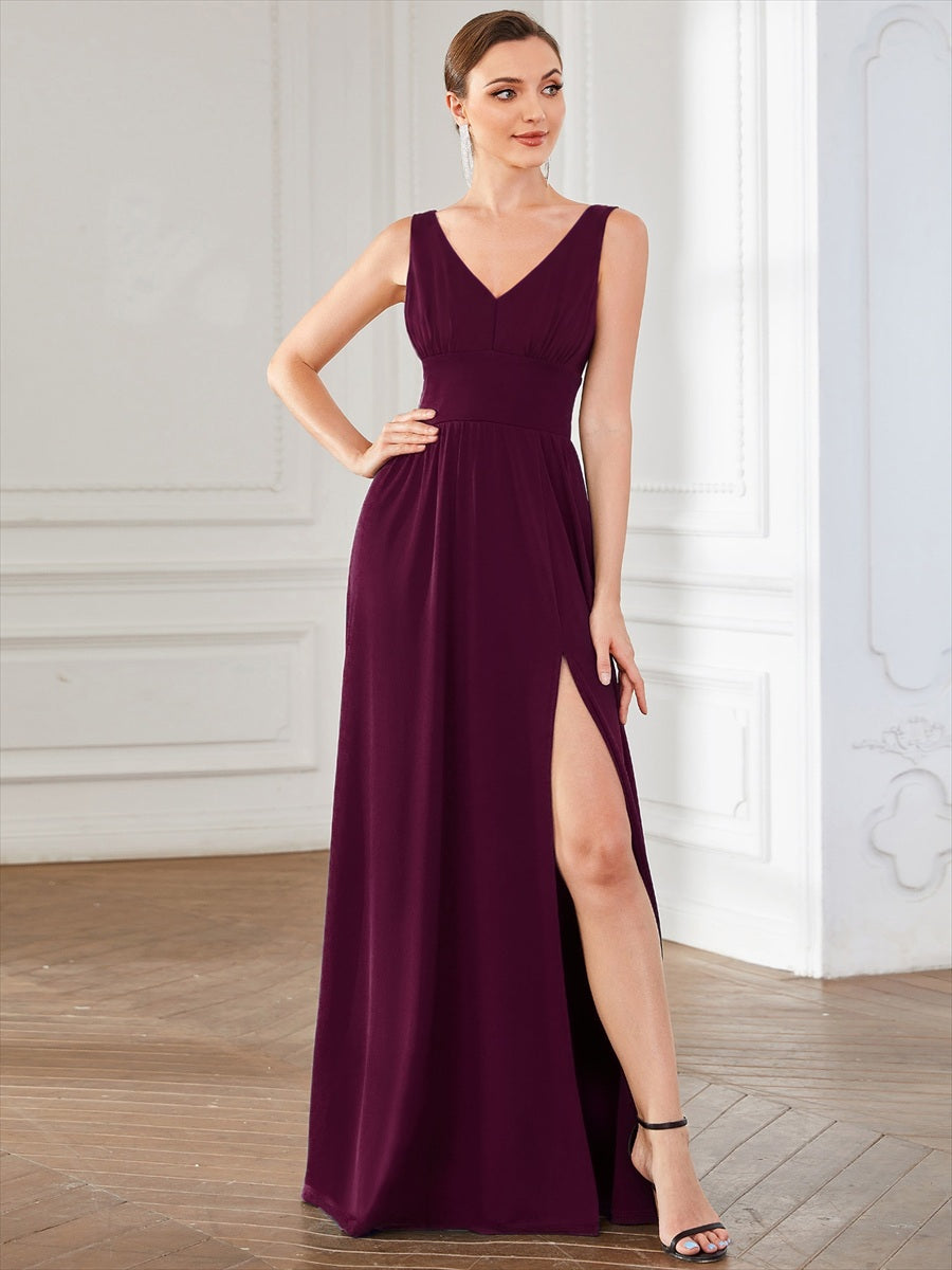 Chiffon High Slit Sleeveless V-Neck Empire Waist Evening Dress #color_Mulberry