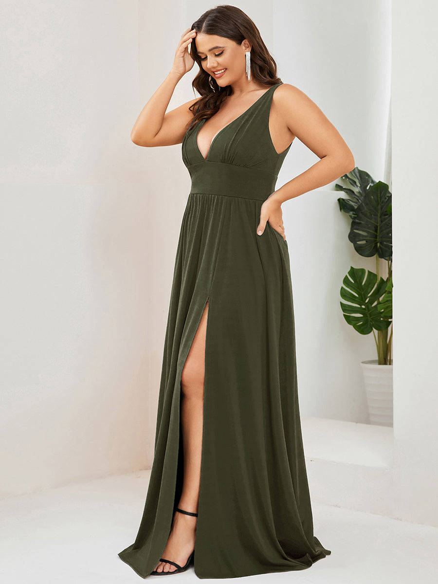 Sleeveless V-Neck Empire Waist High Slit Floor-Length Evening Dress #color_Olive Green
