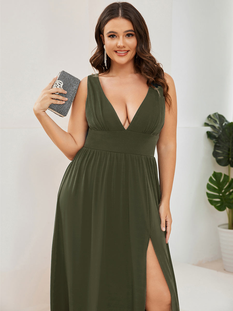 Plus Size Sleeveless V-Neck Empire Waist High Slit Floor-Length Evening Dress #color_Olive Green