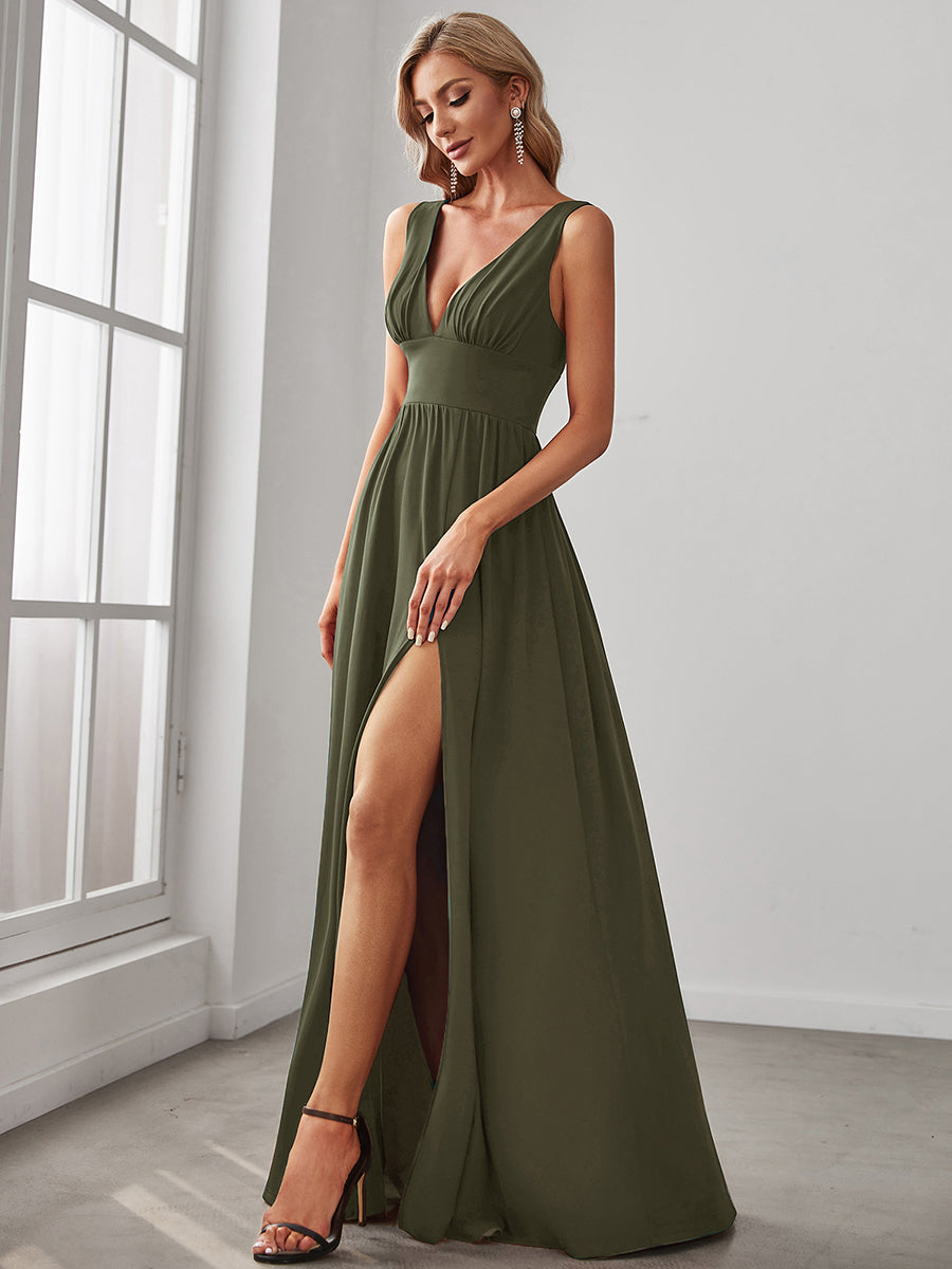 Sleeveless V-Neck Empire Waist High Slit Floor-Length Evening Dress #color_Olive Green