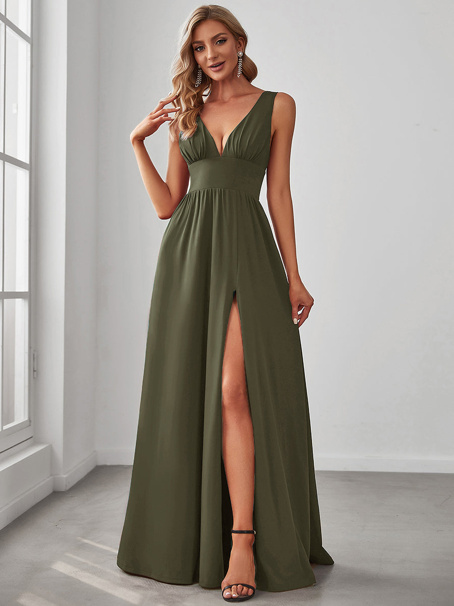 Sleeveless V-Neck Empire Waist High Slit Floor-Length Evening Dress #color_Olive Green