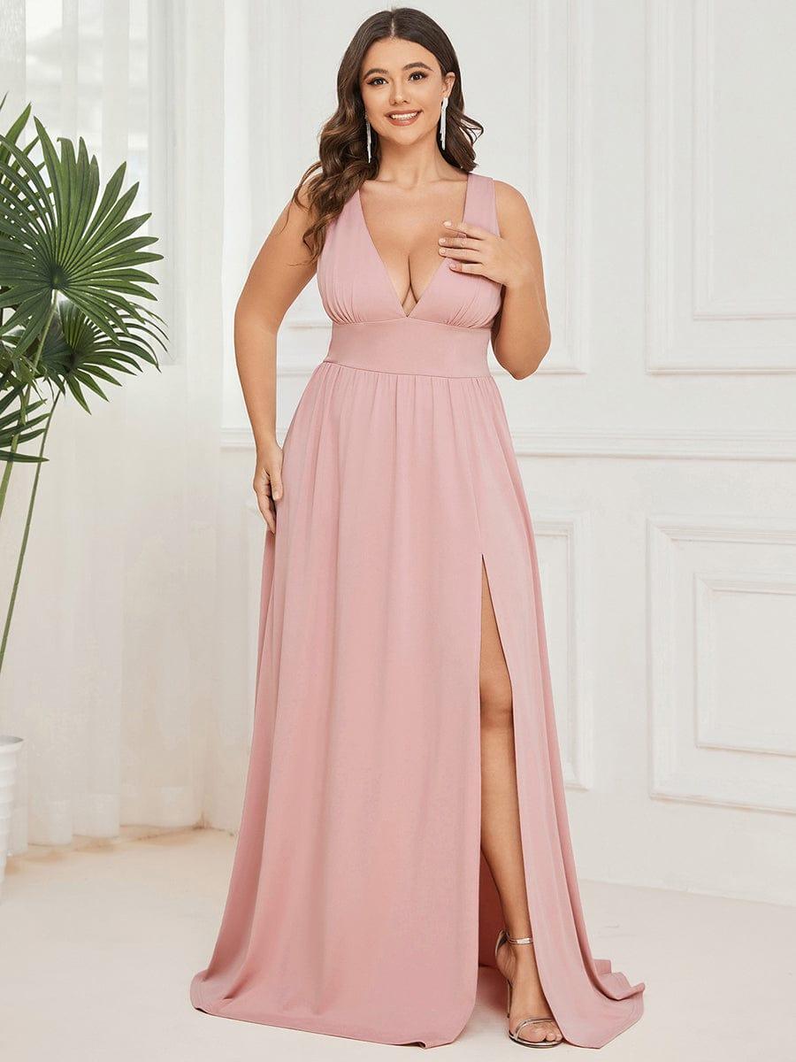 Plus Size Sleeveless V-Neck Empire Waist High Slit Floor-Length Evening Dress #color_Pink