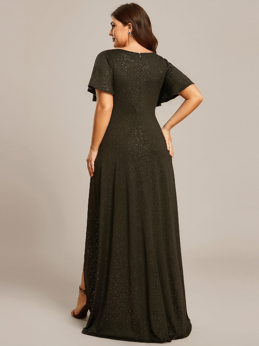 Glitter High-Low Front Side Slit Ruffled V-Neck Evening Dress #color_Army Green