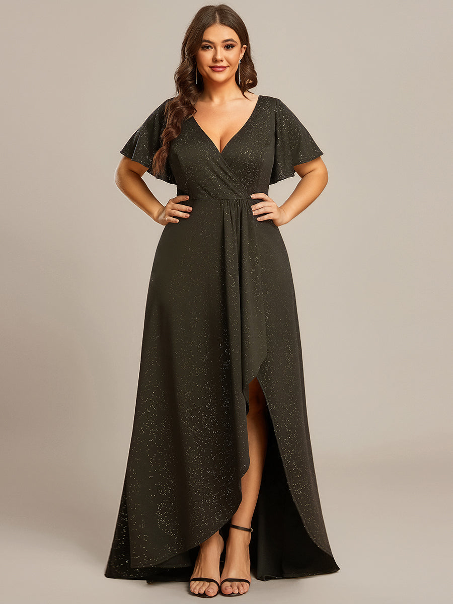 Glitter High-Low Front Side Slit Ruffled V-Neck Evening Dress #color_Army Green