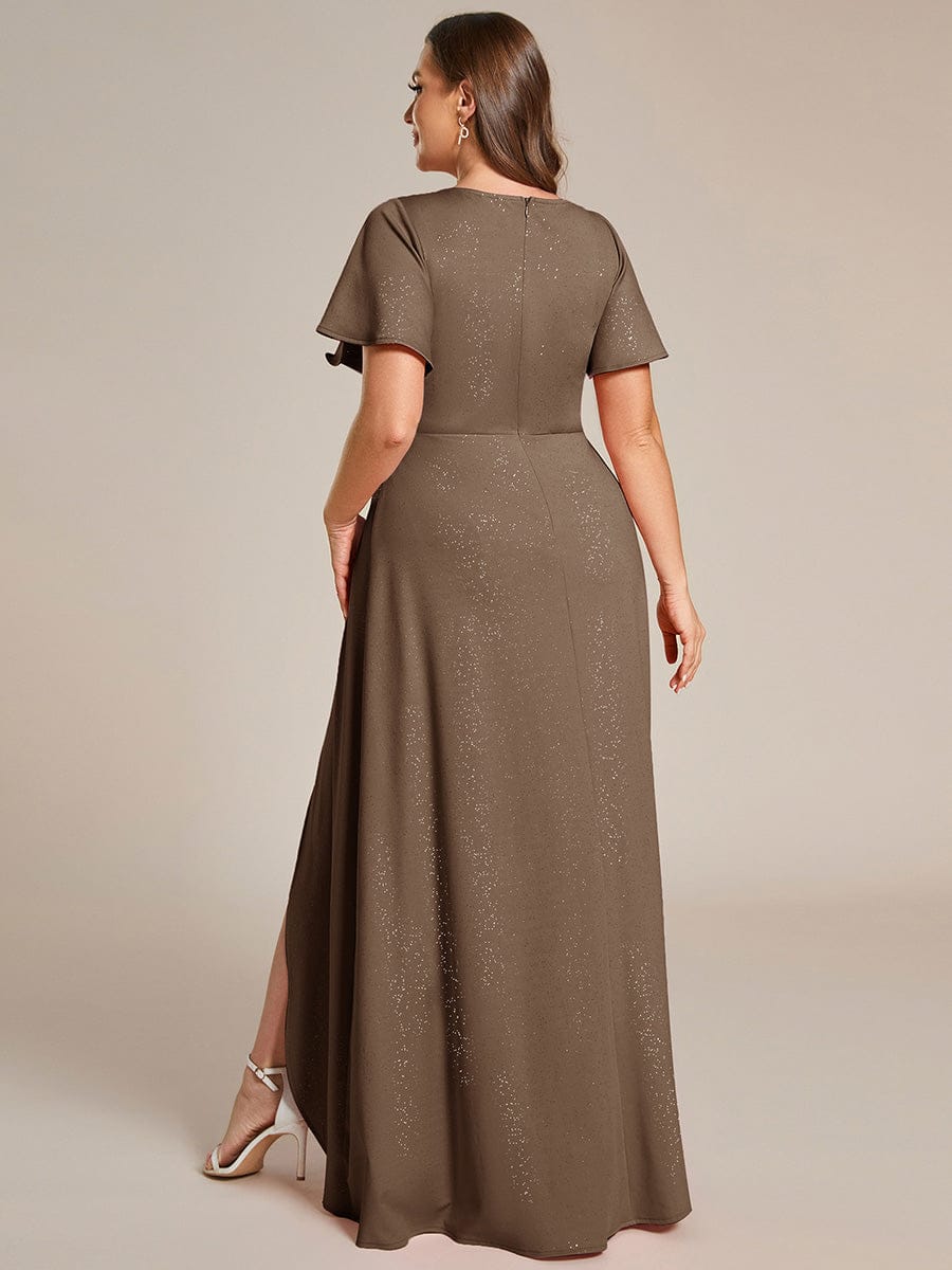Glitter High-Low Front Side Slit Ruffled V-Neck Evening Dress #color_Coffee