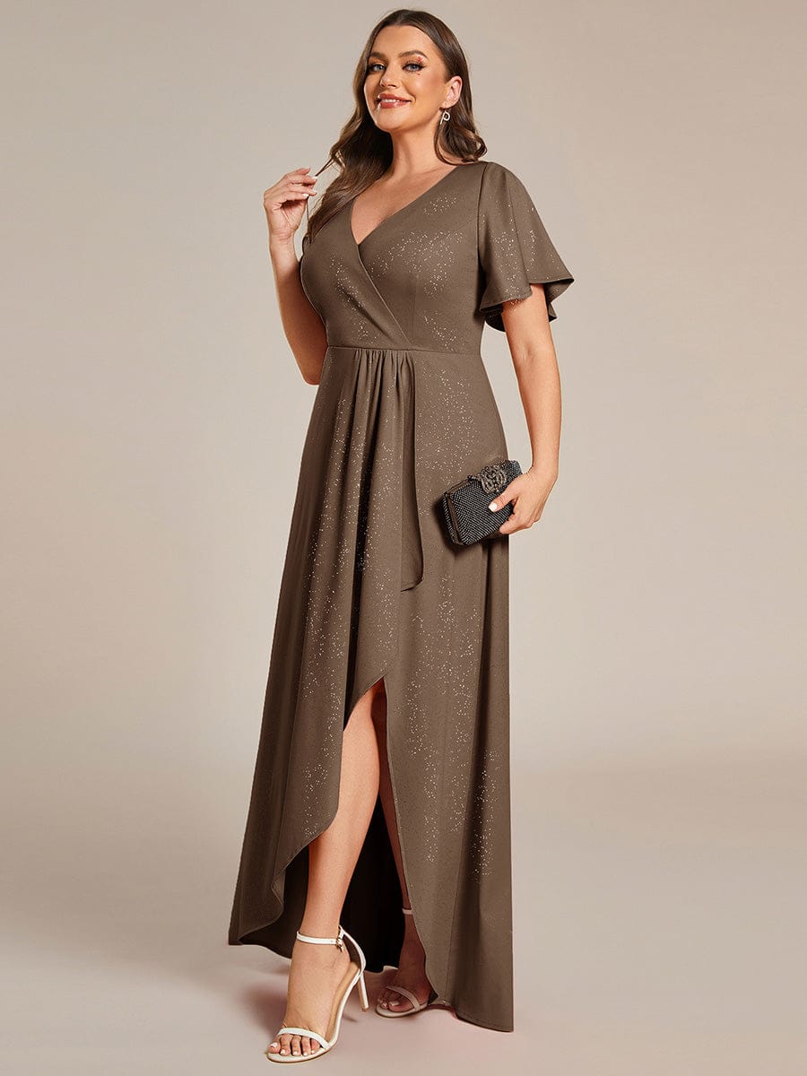 Plus Size Ruffled High-Low Front Slit Evening Dress with Glitter #color_Coffee