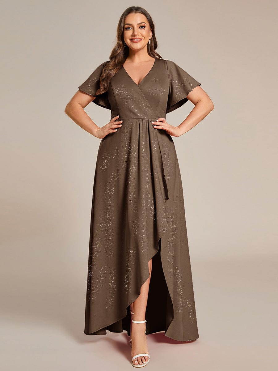 Plus Size Ruffled High-Low Front Slit Evening Dress with Glitter #color_Coffee