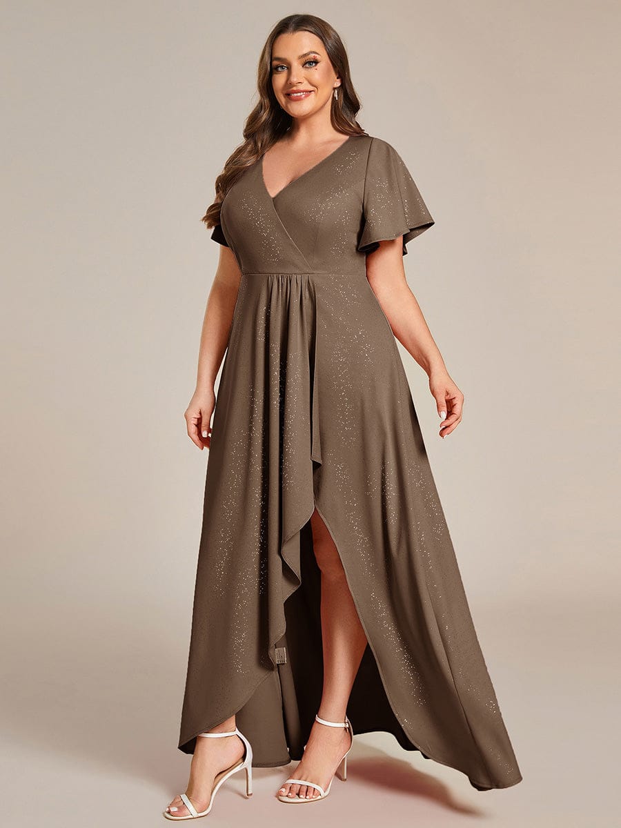 Plus Size Ruffled High-Low Front Slit Evening Dress with Glitter #color_Coffee