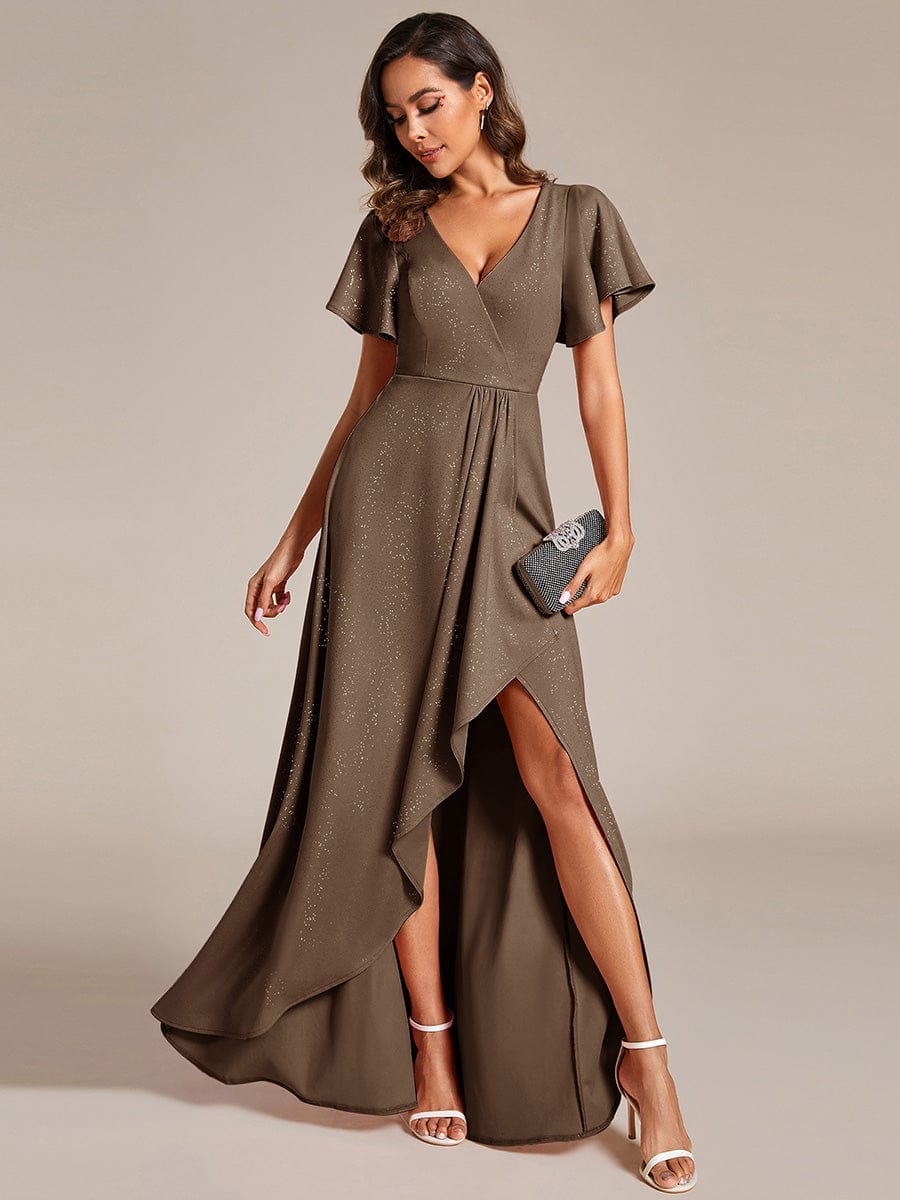 Glitter High-Low Front Side Slit Ruffled V-Neck Evening Dress #color_Coffee