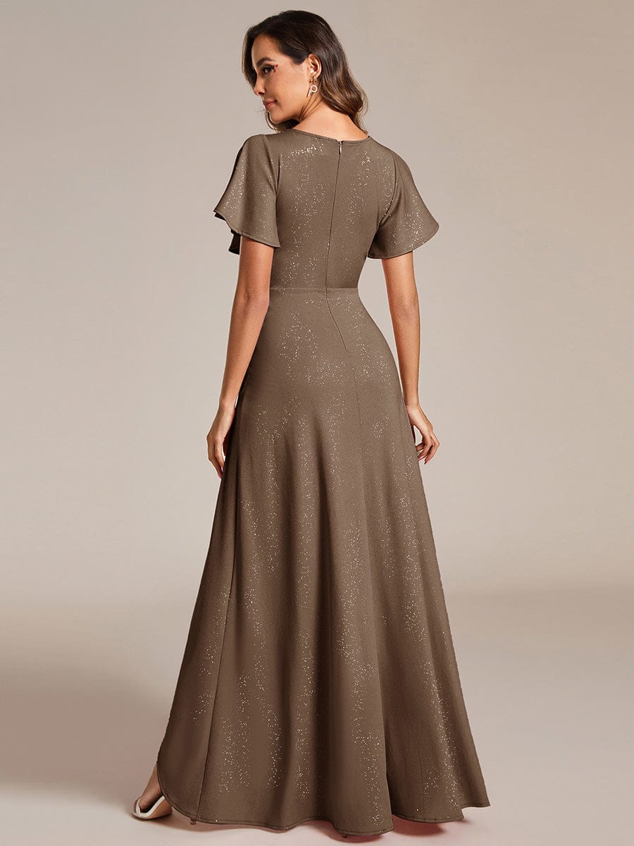 Glitter High-Low Front Side Slit Ruffled V-Neck Evening Dress #color_Coffee
