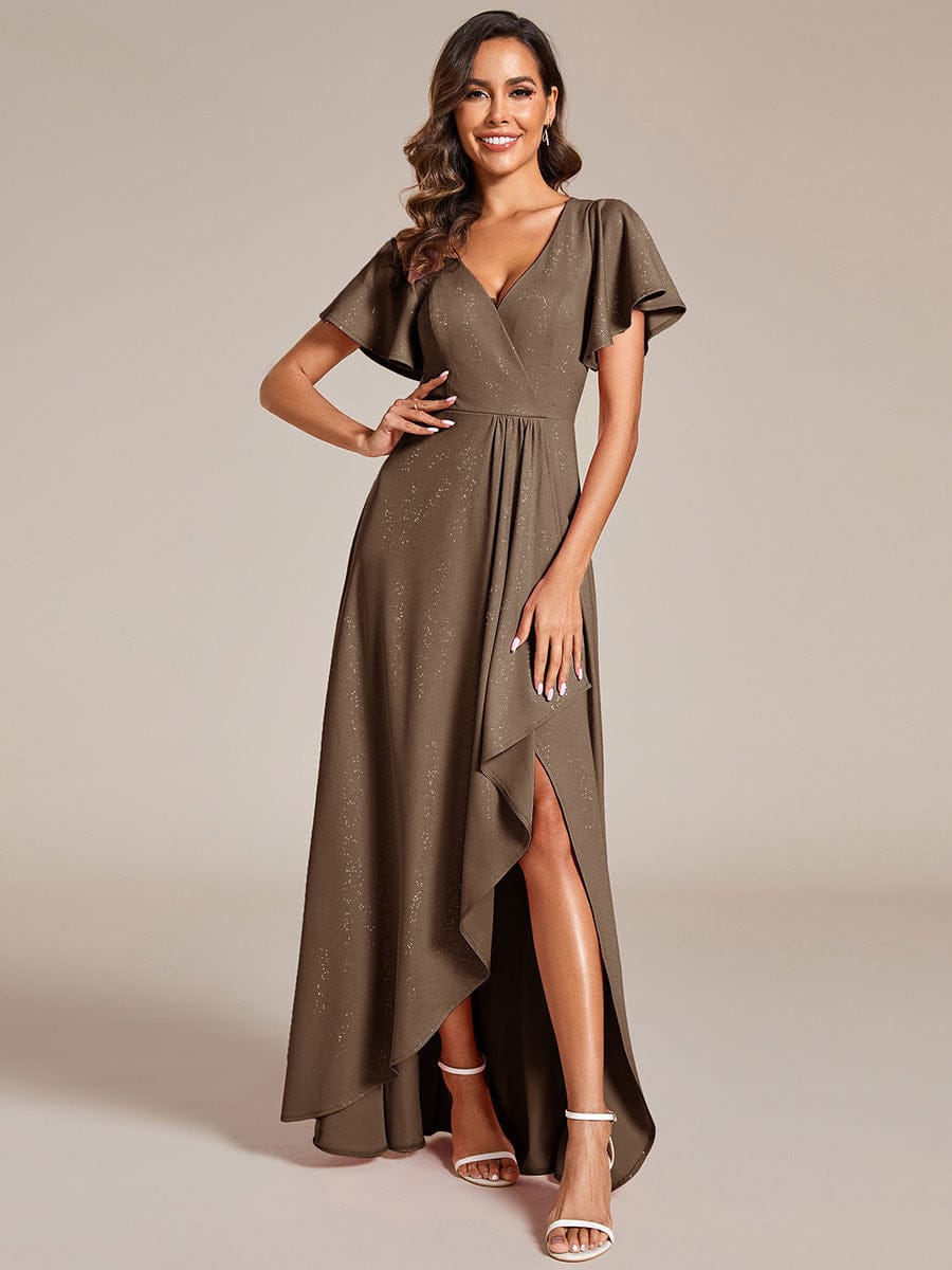 Glitter High-Low Front Side Slit Ruffled V-Neck Evening Dress #color_Coffee