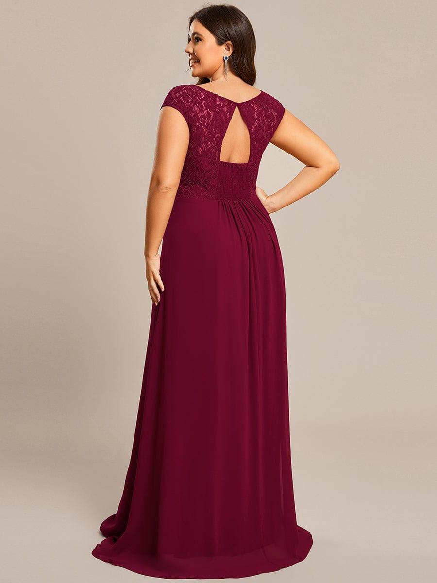 Plus Size Empire Waist Lace Bodice Evening Dress #Color_Burgundy
