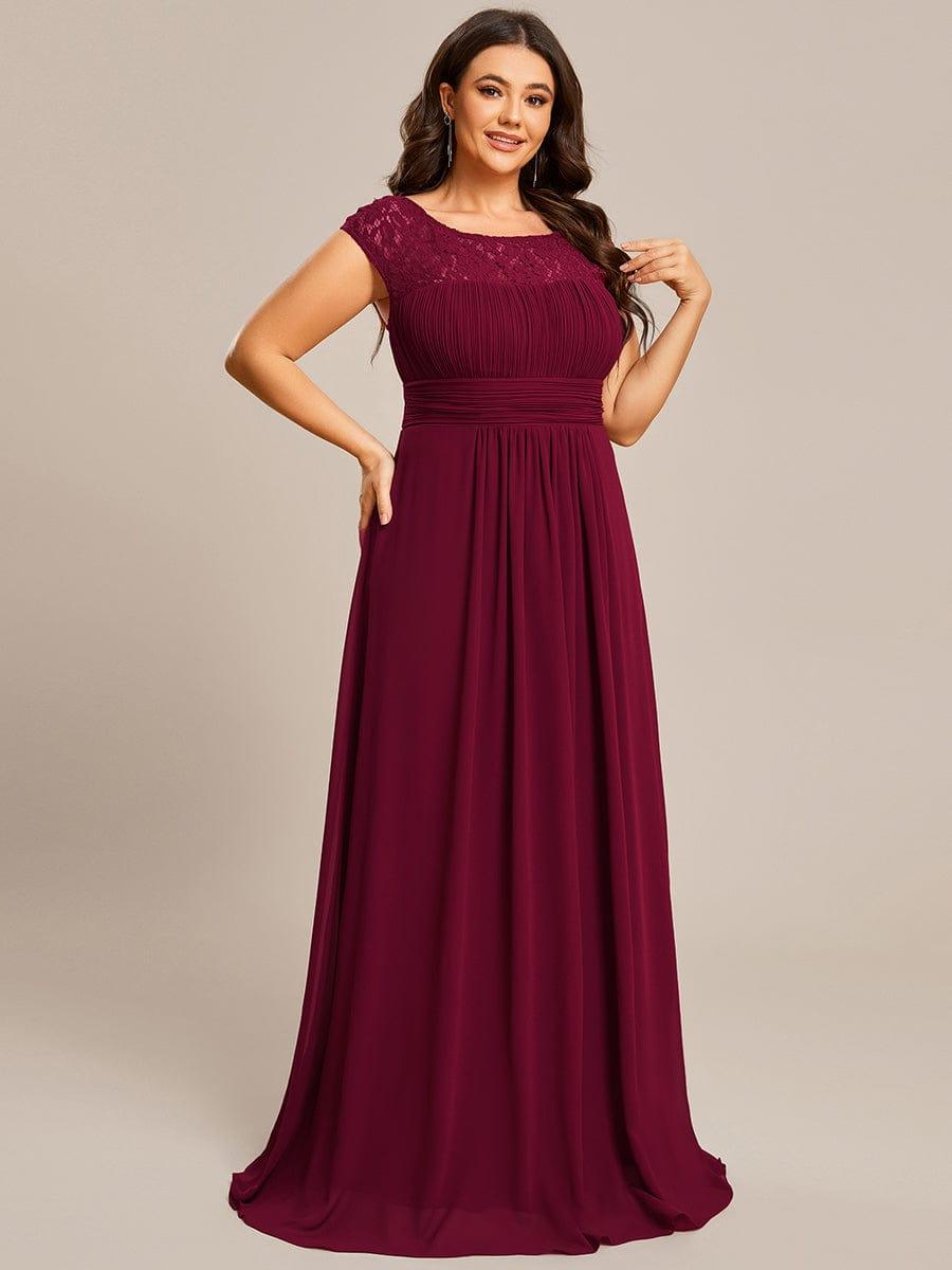 Plus Size Empire Waist Lace Bodice Evening Dress #Color_Burgundy