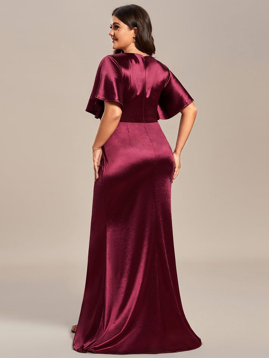 Plus Size Pleated Bodycon Ruffles Sleeve High Stretch Satin Evening Dress #color_Burgundy Plus Size Pleated Bodycon Ruffles Sleeve High Stretch Satin Evening Dress