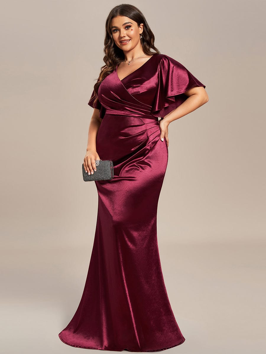 Plus Size Pleated Bodycon Ruffles Sleeve High Stretch Satin Evening Dress #color_Burgundy Plus Size Pleated Bodycon Ruffles Sleeve High Stretch Satin Evening Dress