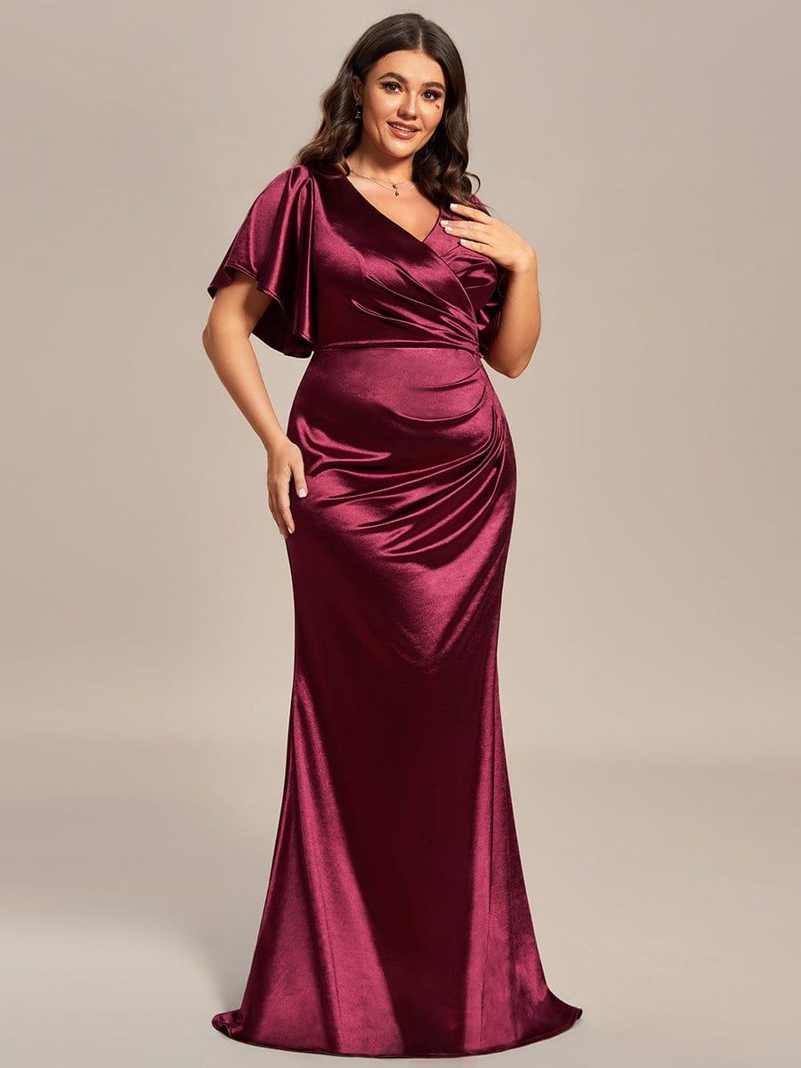 Plus Size Pleated Bodycon Ruffles Sleeve High Stretch Satin Evening Dress #color_Burgundy Plus Size Pleated Bodycon Ruffles Sleeve High Stretch Satin Evening Dress