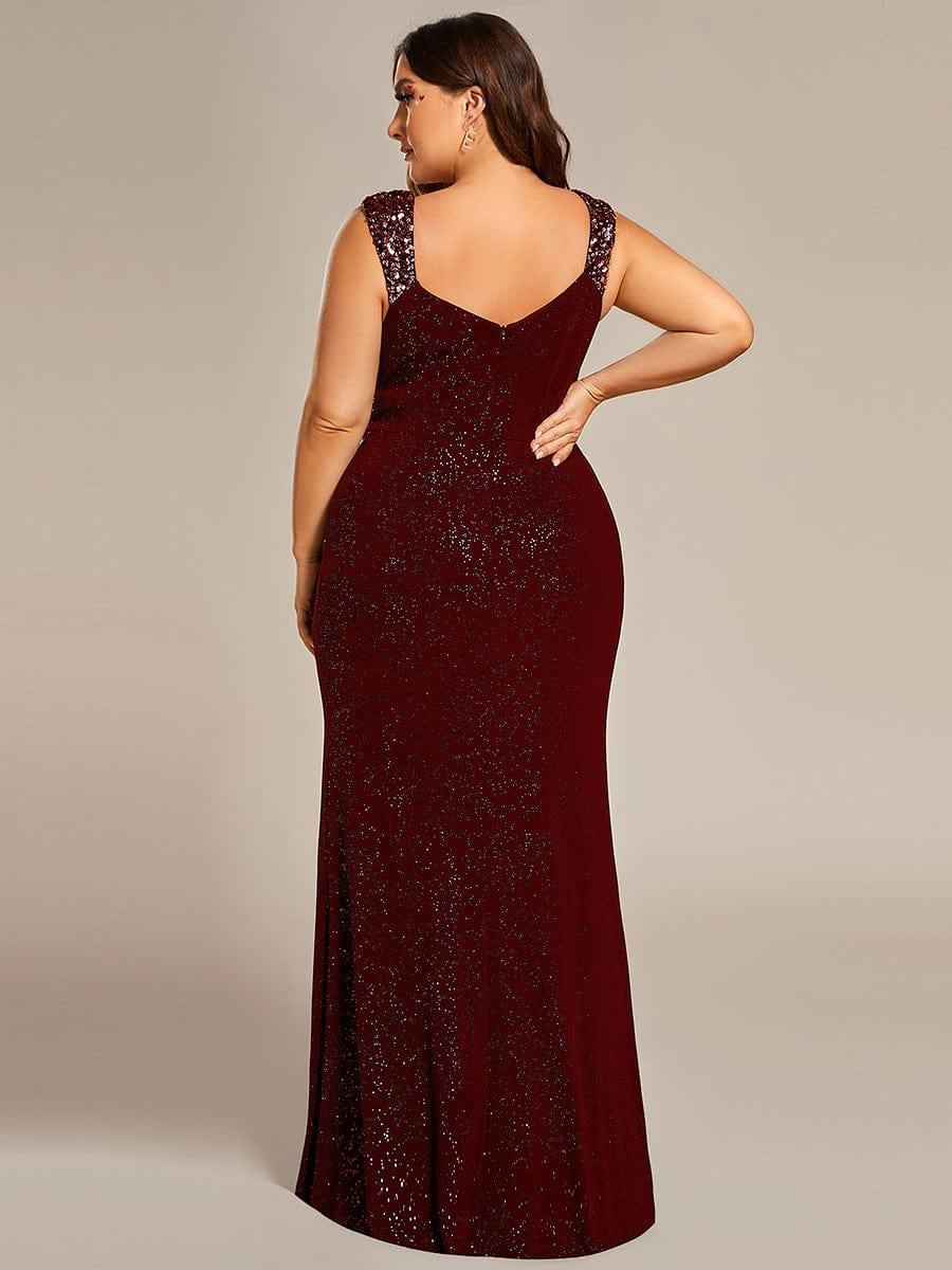 Plus Size Sequin Shoulder Strap Wedding Guest Dress with Side Slit #color_Burgundy