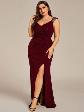 Plus Size Glitter V-Neck High Slit Sequin Shoulder Strap Evening Dress