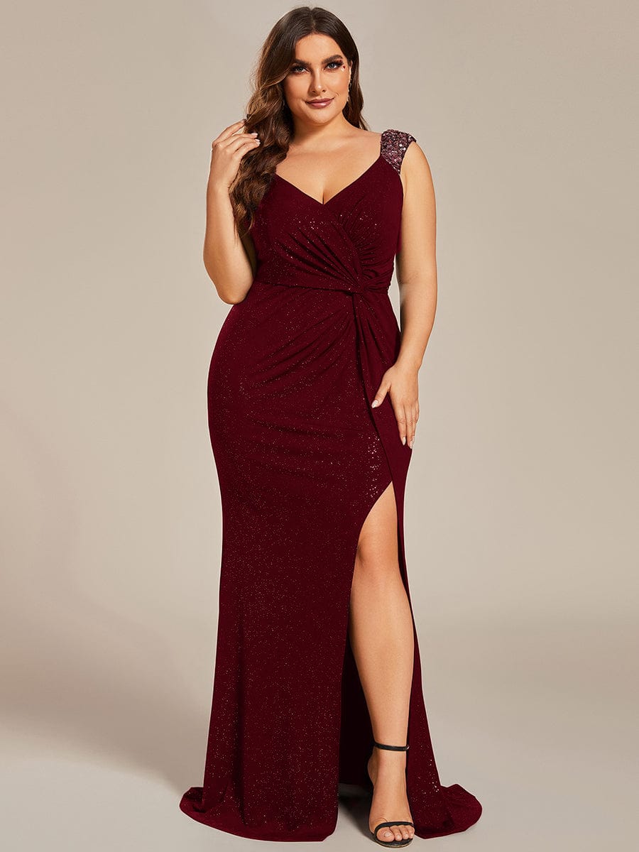 Plus Size Glitter V-Neck High Slit Sequin Shoulder Strap Evening Dress