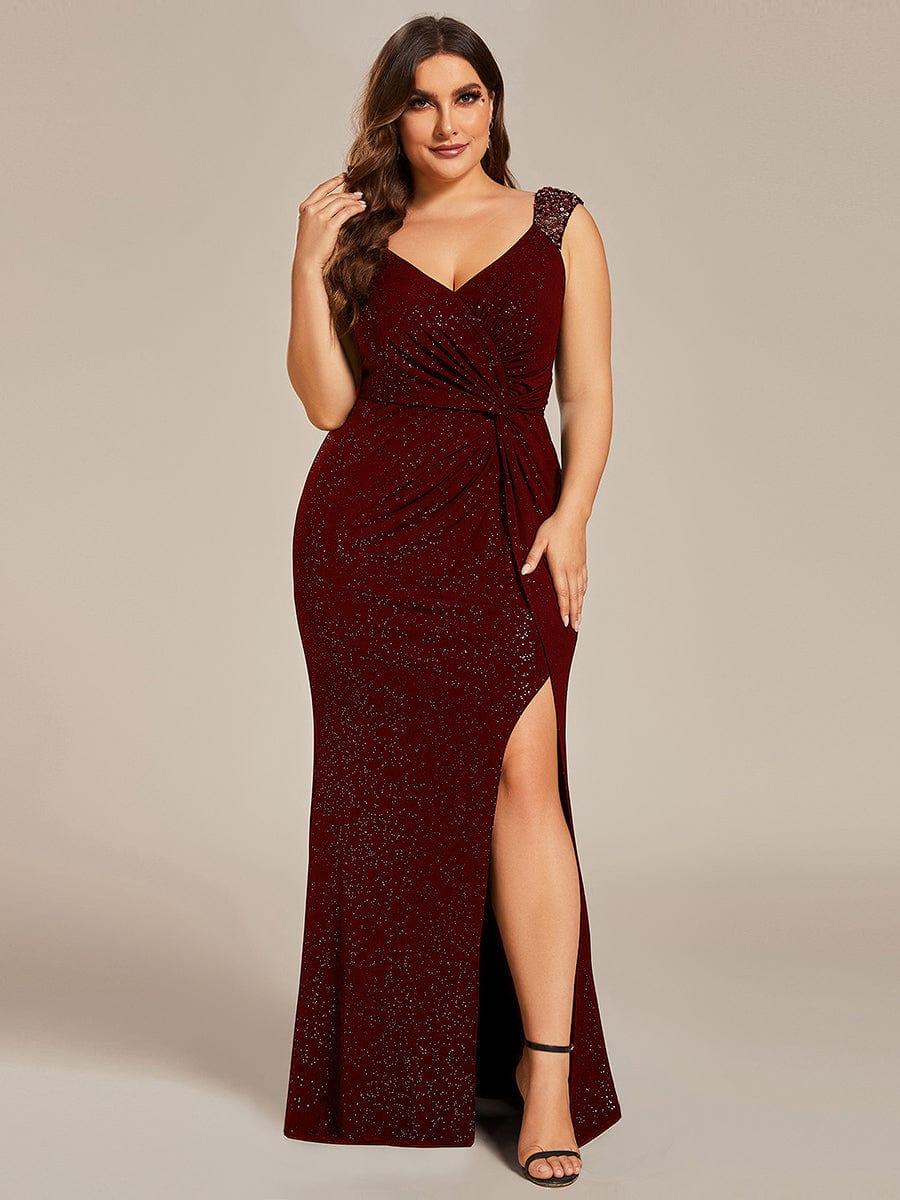 Plus Size Sequin Shoulder Strap Wedding Guest Dress with Side Slit #color_Burgundy