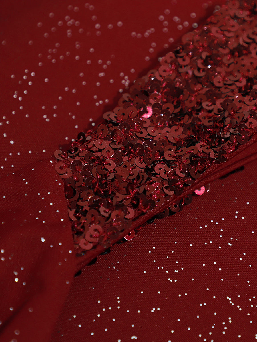 Glitter V-Neck High Slit Sequin Shoulder Strap Evening Dress #color_Burgundy