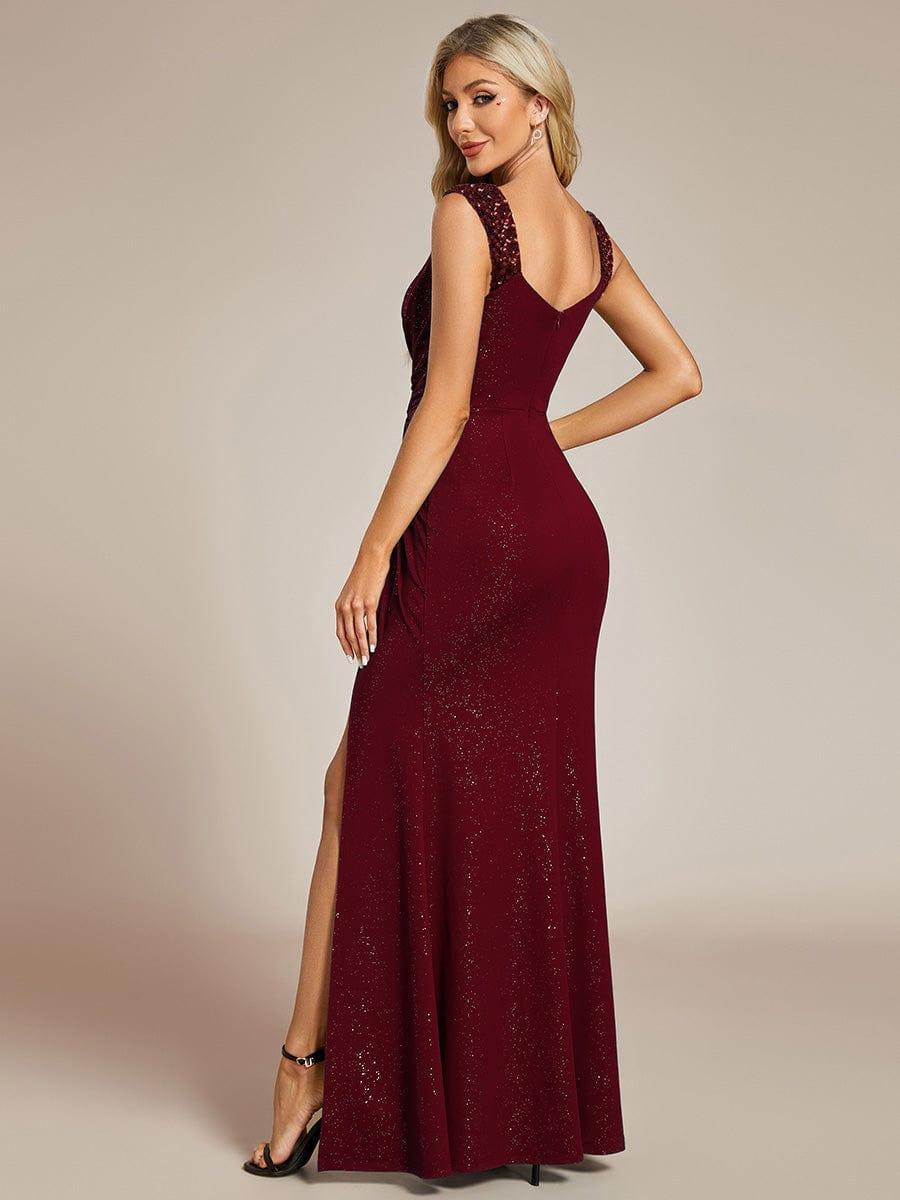 Glitter V-Neck High Slit Sequin Shoulder Strap Wedding Guest Dress #color_Burgundy