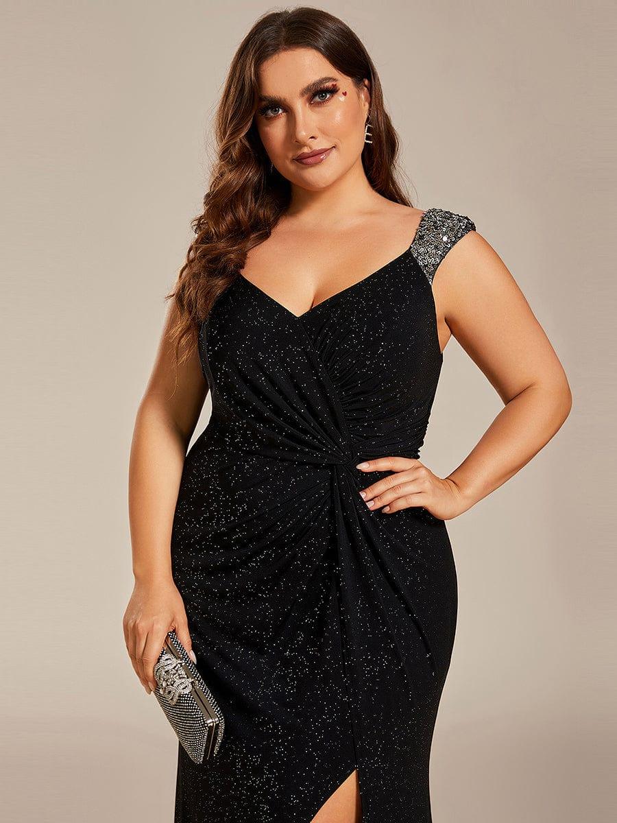 Plus Size Sequin Shoulder Strap Wedding Guest Dress with Side Slit #color_Black