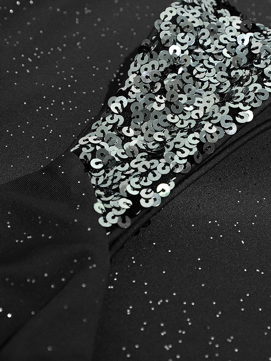 Glitter V-Neck High Slit Sequin Shoulder Strap Evening Dress #color_Black