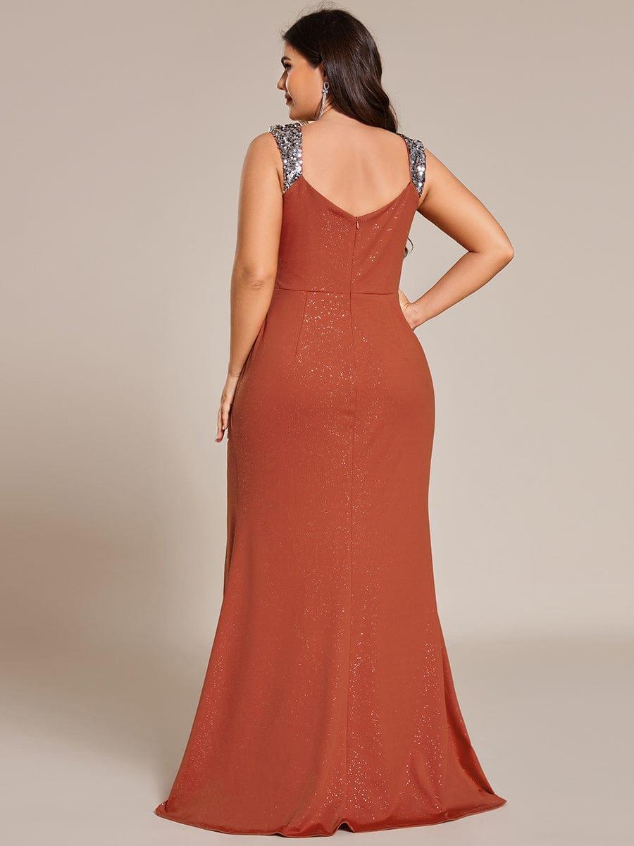 Plus Size Sequin Shoulder Strap Wedding Guest Dress with Side Slit #color_Burnt Orange