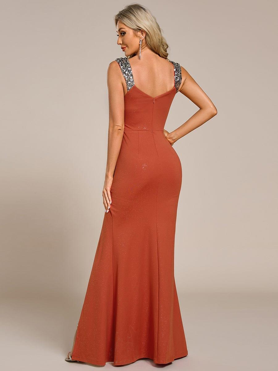 Glitter V-Neck Cruise Journey Evening Dress #color_Burnt Orange