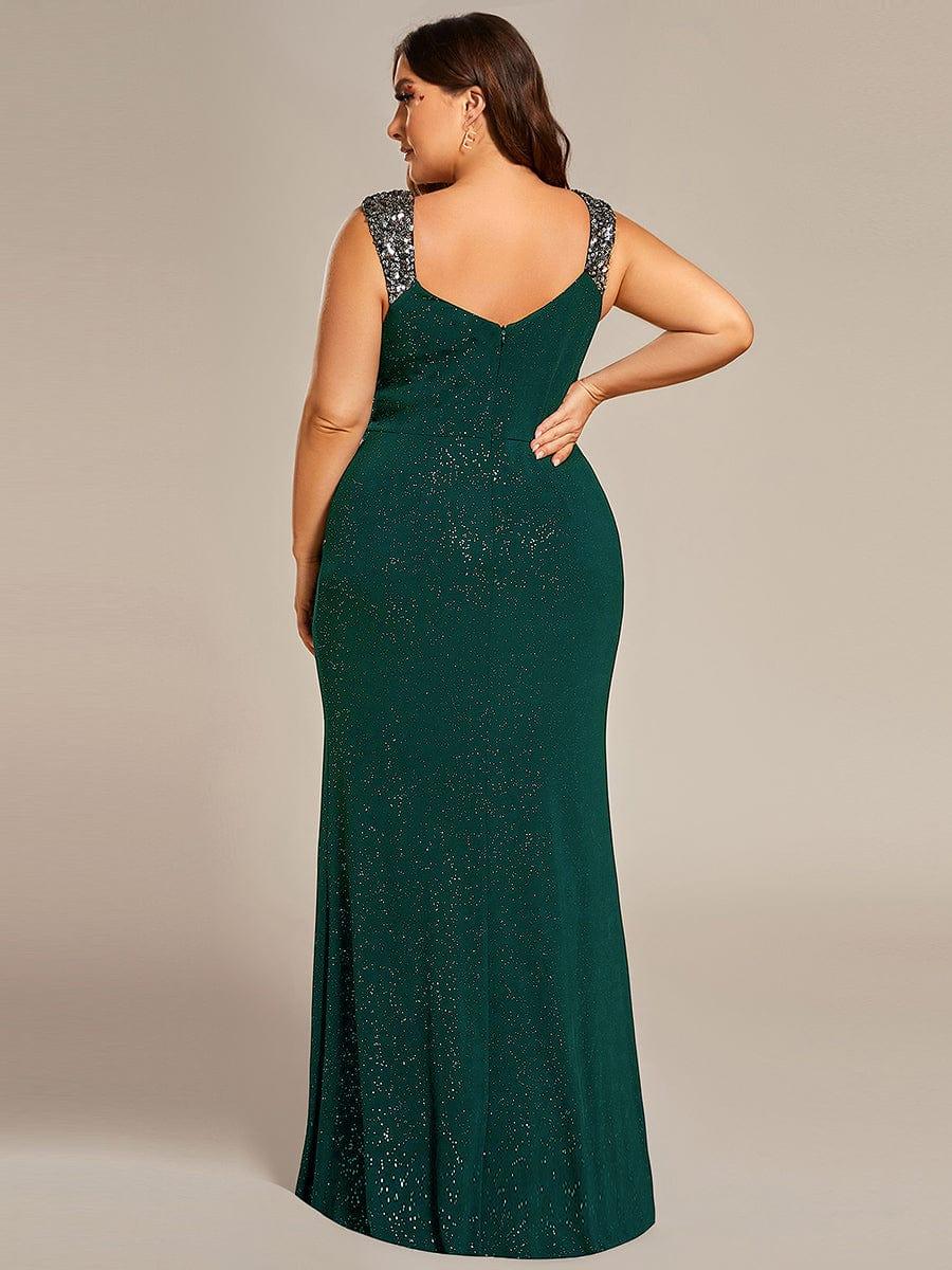 Plus Size Sequin Shoulder Strap Wedding Guest Dress with Side Slit #color_Dark Green
