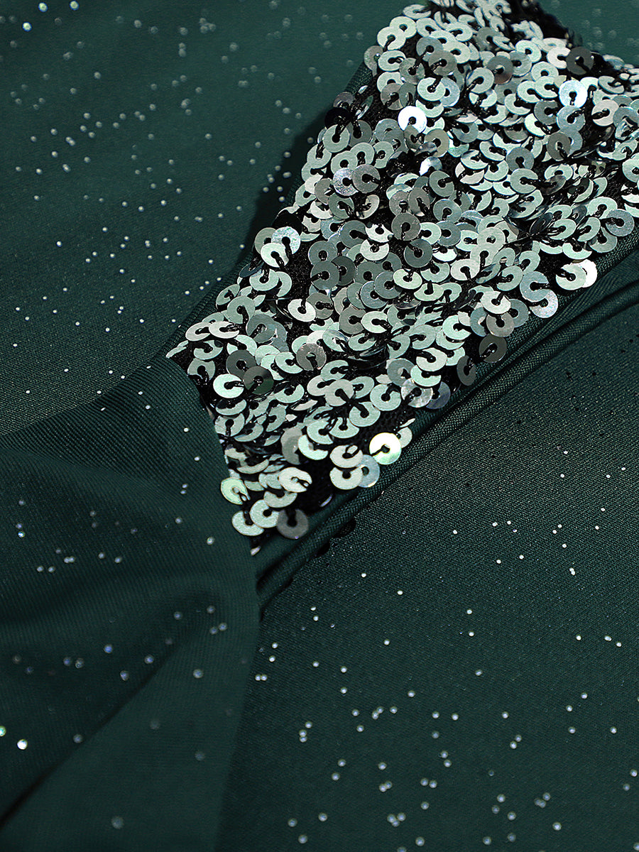 Glitter V-Neck High Slit Sequin Shoulder Strap Evening Dress #color_Dark Green