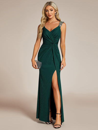 Glitter V-Neck High Slit Sequin Shoulder Strap Evening Dress #color_Dark Green
