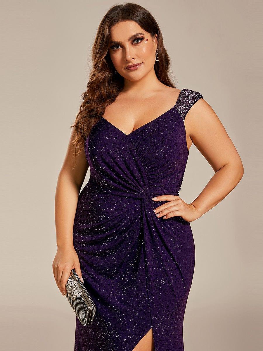 Plus Size Sequin Shoulder Strap Wedding Guest Dress with Side Slit #color_Dark Purple