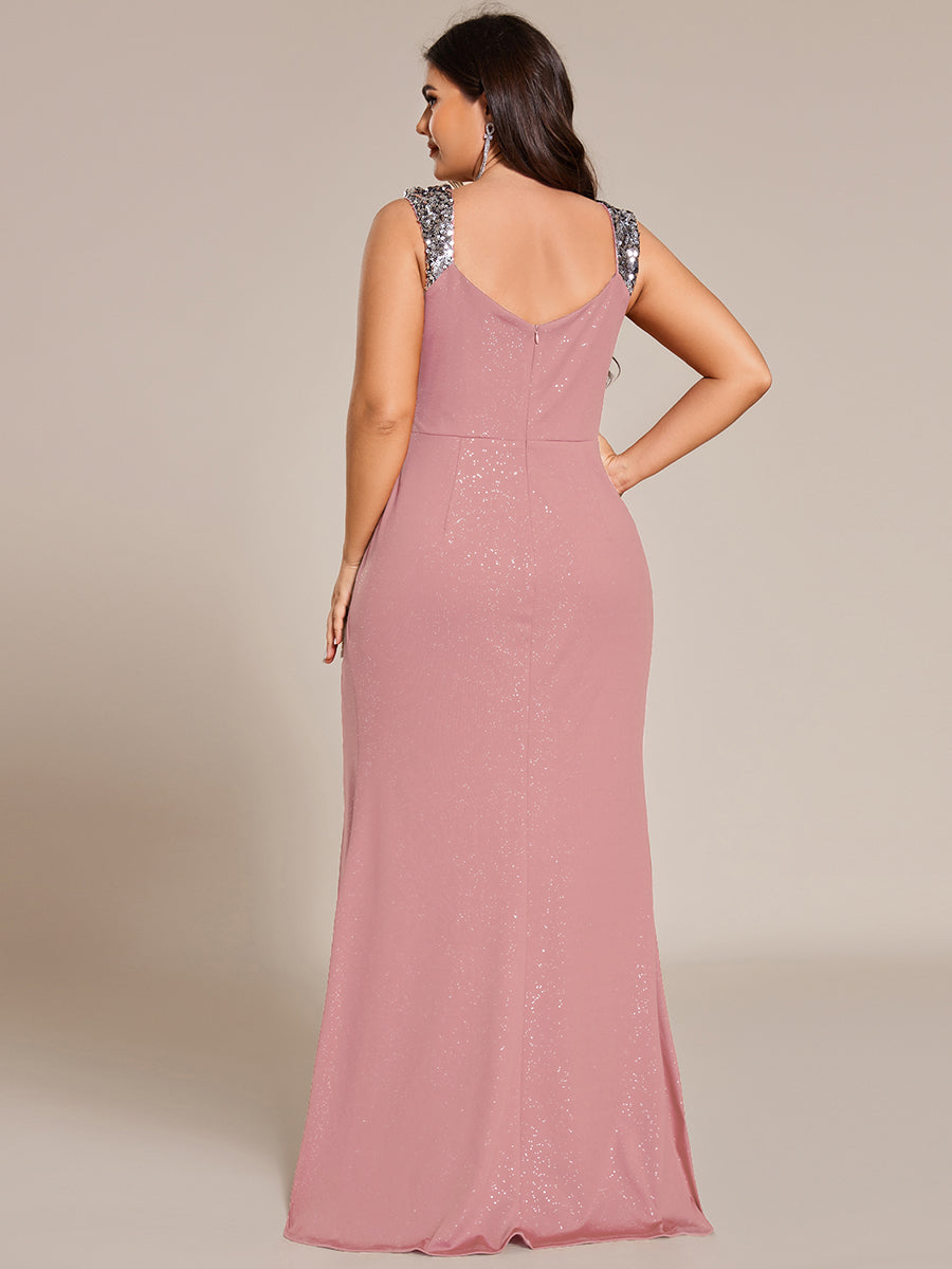 Plus Size Sequin Shoulder Strap Wedding Guest Dress with Side Slit #color_Dusty Rose